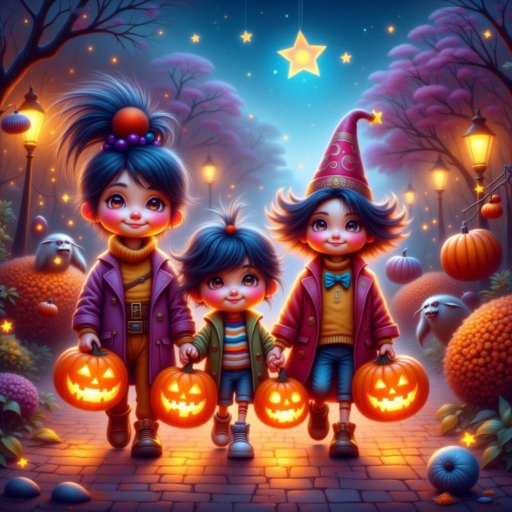 Colorful Trick-or-Treaters on Decorated Street