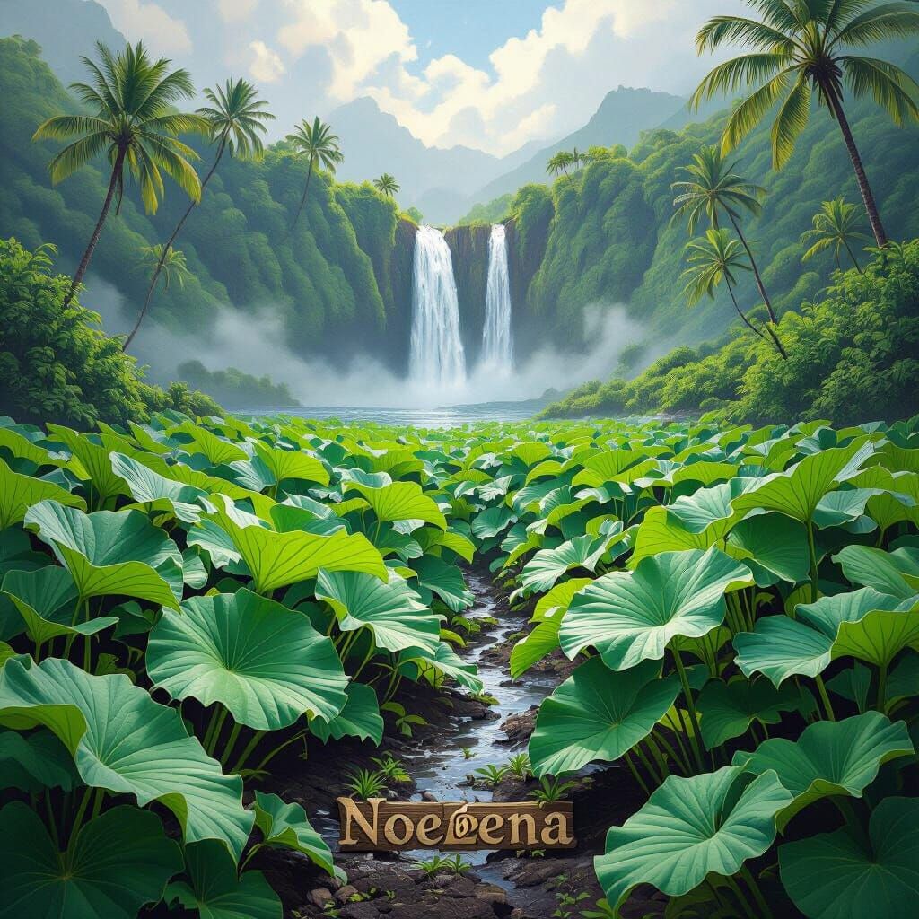 Lush Hawaiian Taro Patch with Waterfall Backdrop