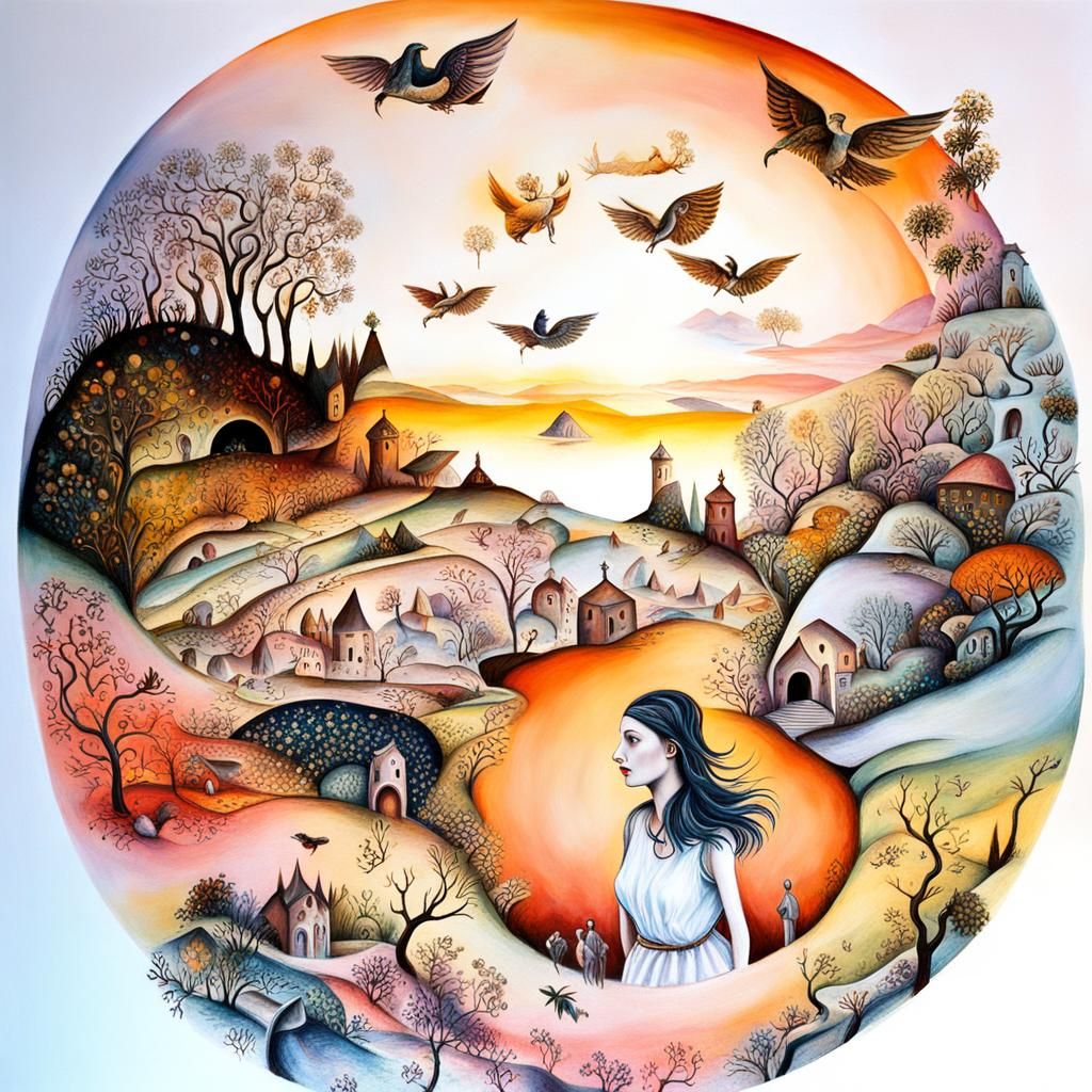 Dreamlike Enchantress in Vibrant Labyrinthine World