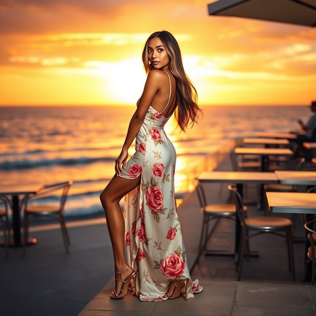 Latina Woman at Sunset in Elegant Dress