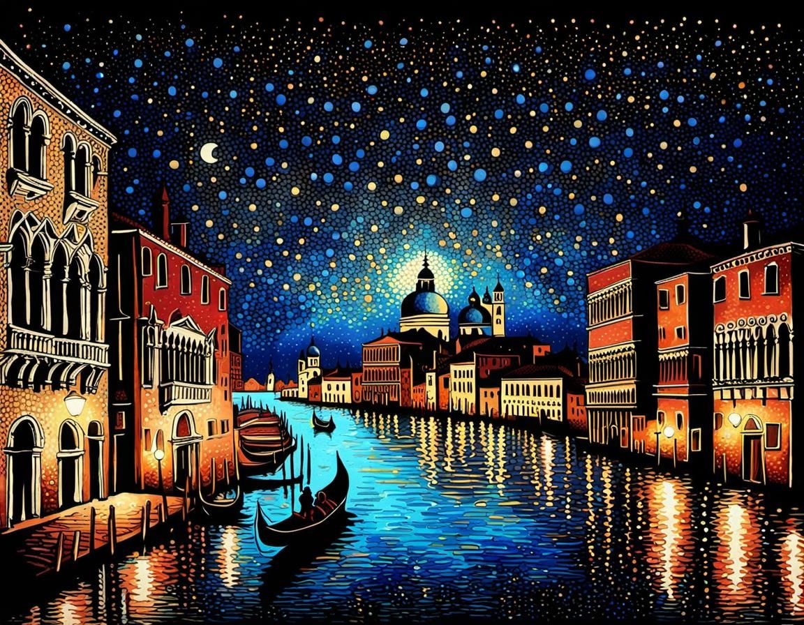 Venice Canals at Night in Pointillism Style