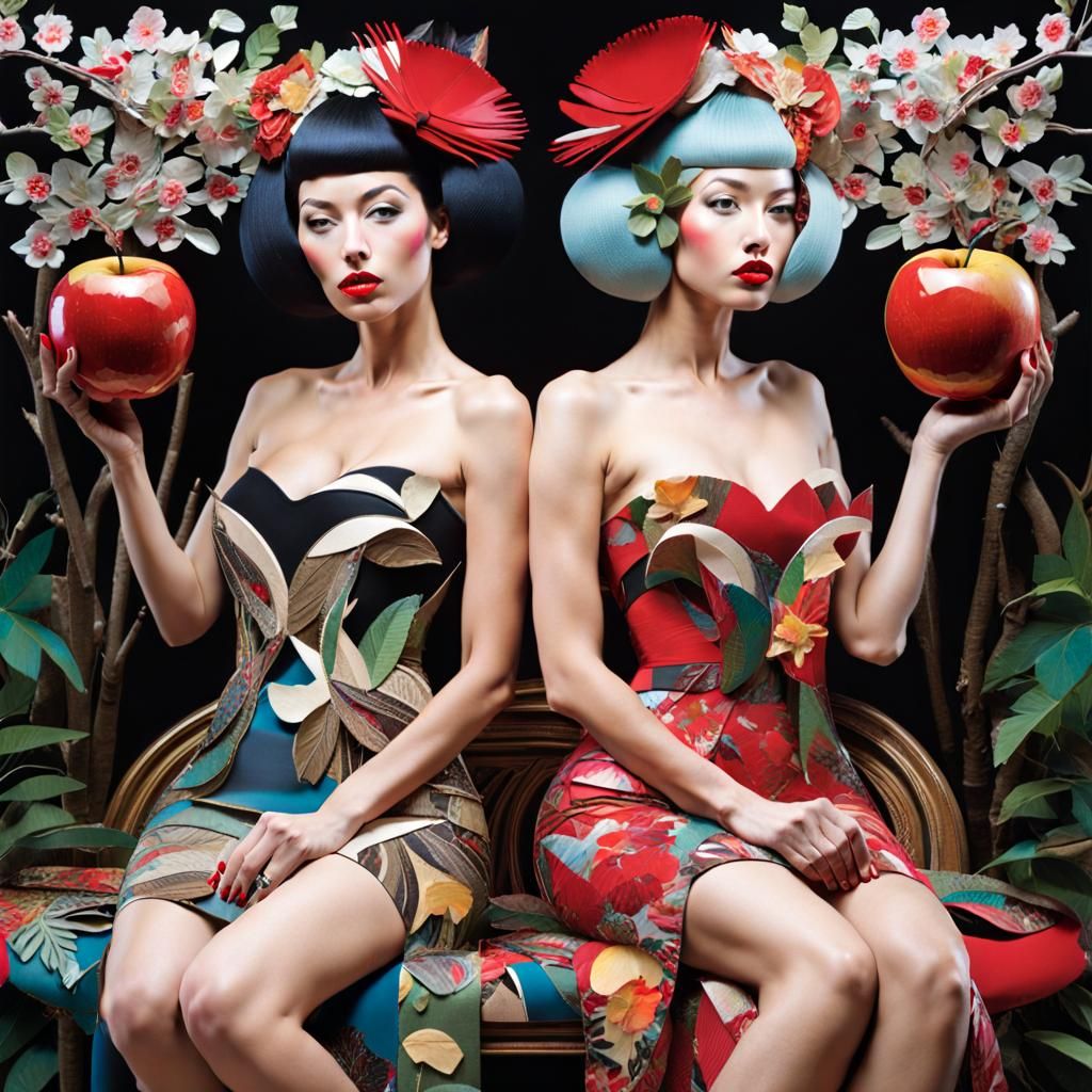 Surreal Collage of Twins with Birds and Blossoms