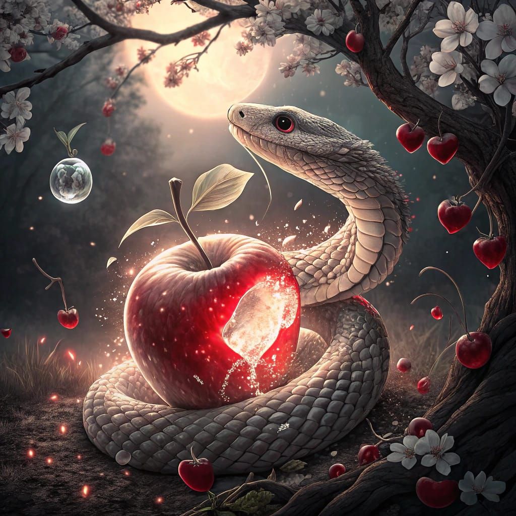 Monochromatic Stained Glass Snake Embracing Apple