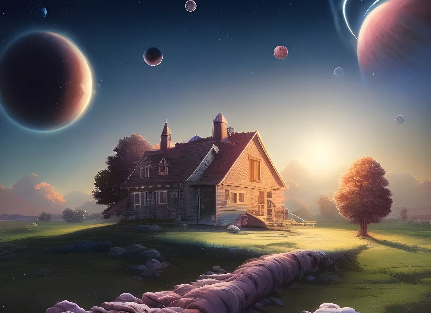 Cosmic Farmhouse with Massive Planet: Digital Art
