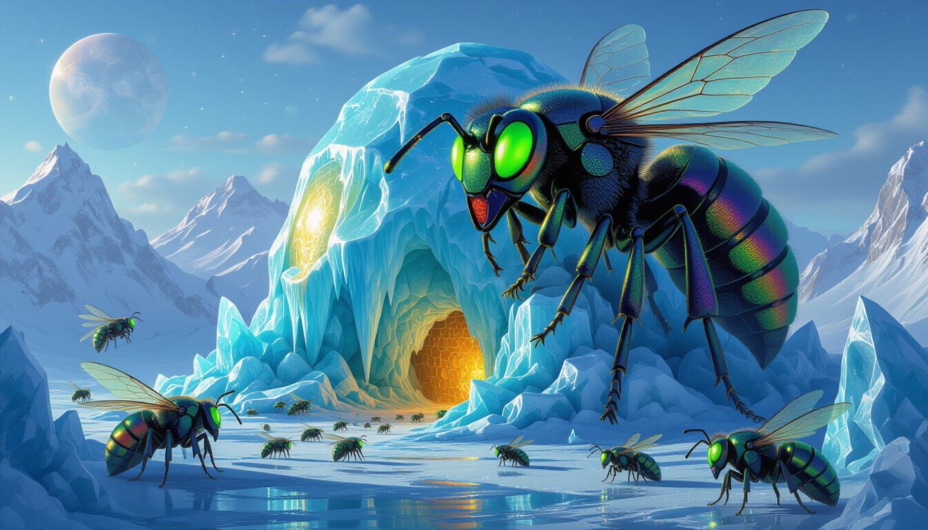 Giant Iridescent Alien Wasps Swarm Ice Hive in Space