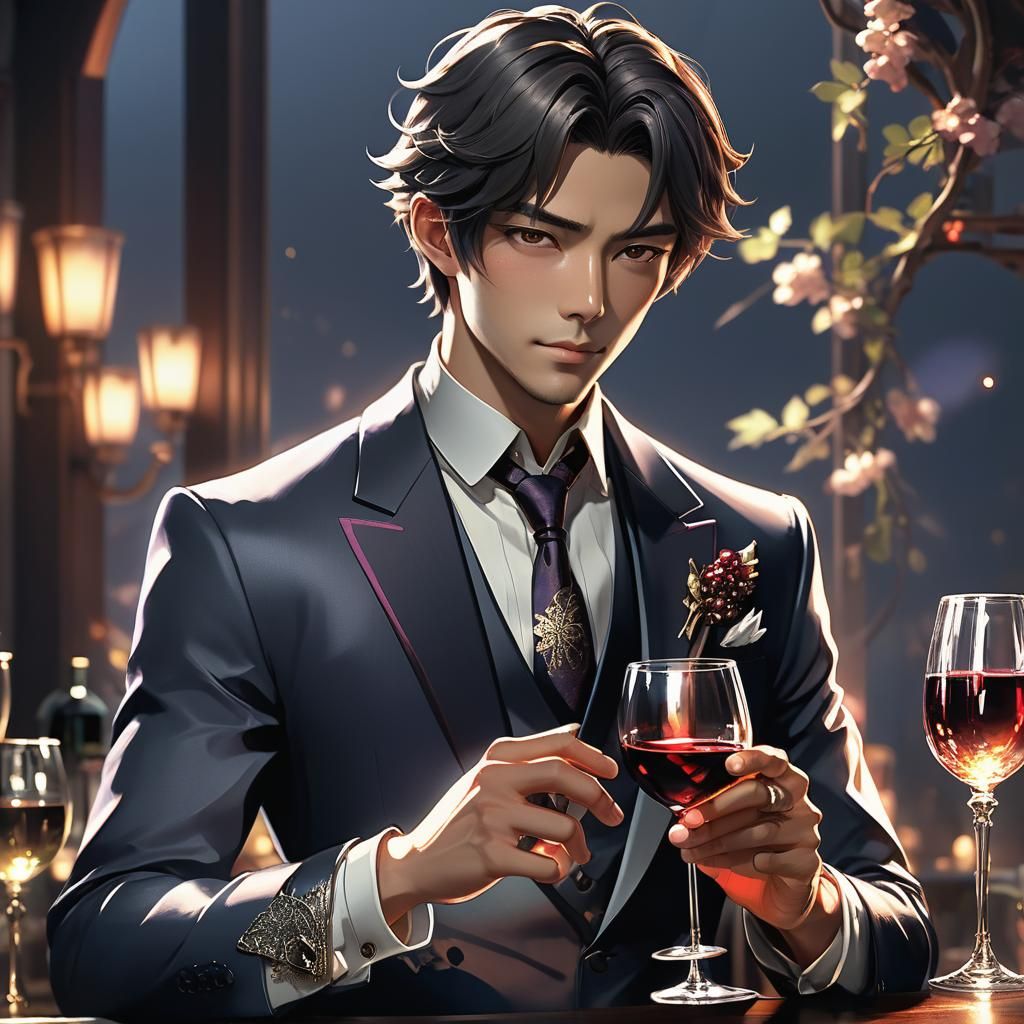 Elegant Man with Wine: Luxurious 3D Anime Portrait