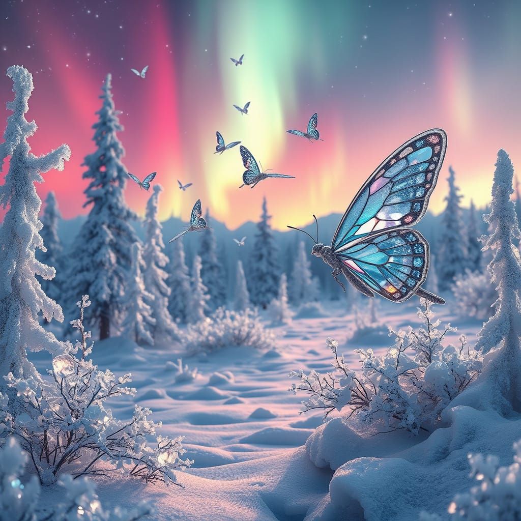 Frozen Winter Wonderland with Iridescent Diamond Butterflies