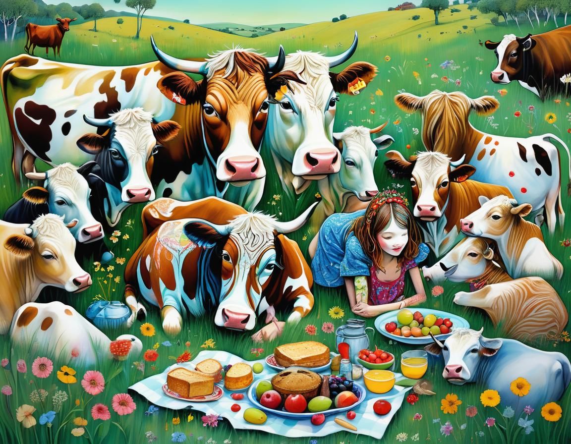 Meadow Picnic with Cows in Art Brut Style