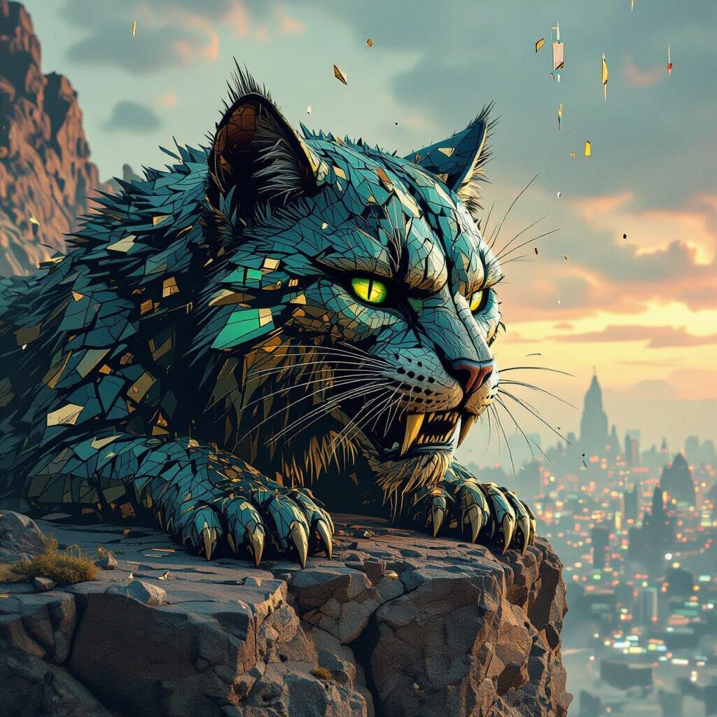 Fractured Saber-Toothed Cat in Glitch Art Style