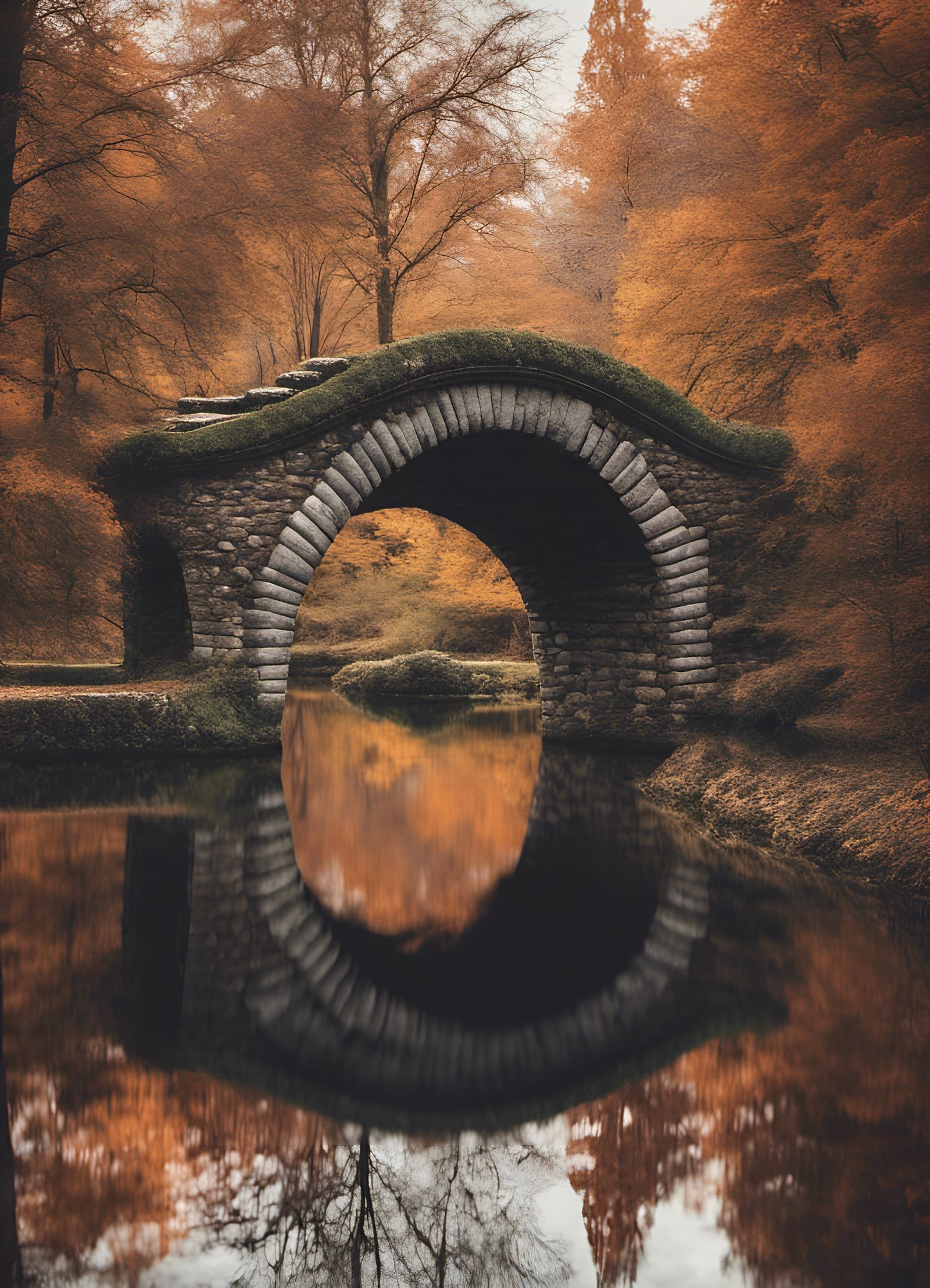 Romantic Stone Bridge in Autumn Landscape