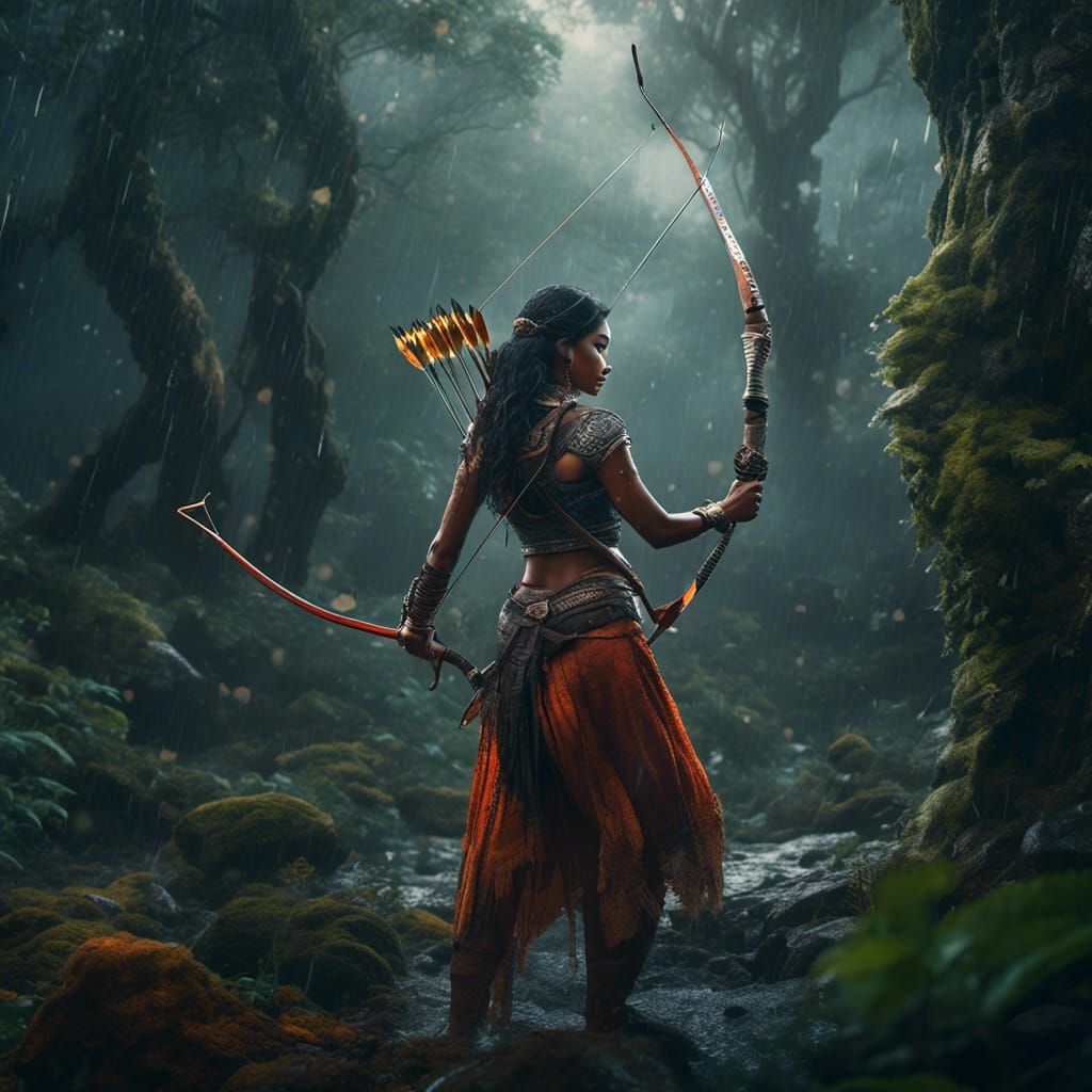 Indian Woman Archer in Rainy Forest: Detailed Matte Painting