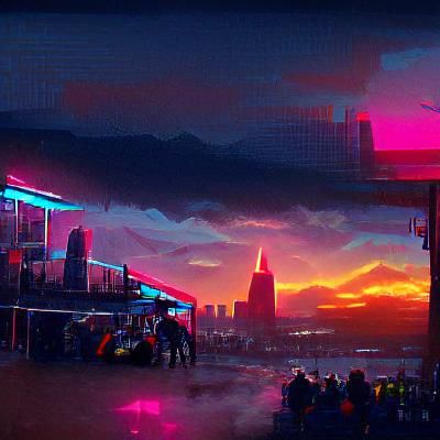 Cyberpunk City Sunset with Neon Lights