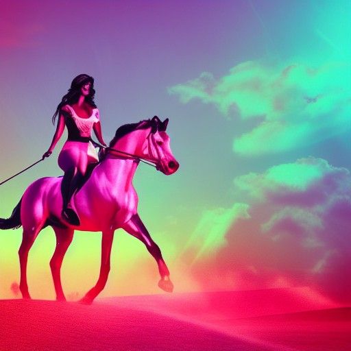Neon Rider on Fire Horse in Synthwave Style