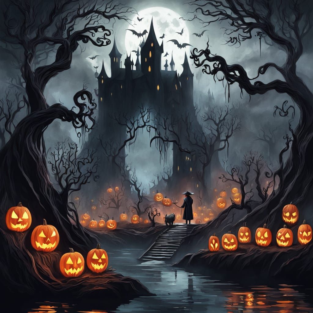 Eerie Halloween Scene in Surreal Dreamscape