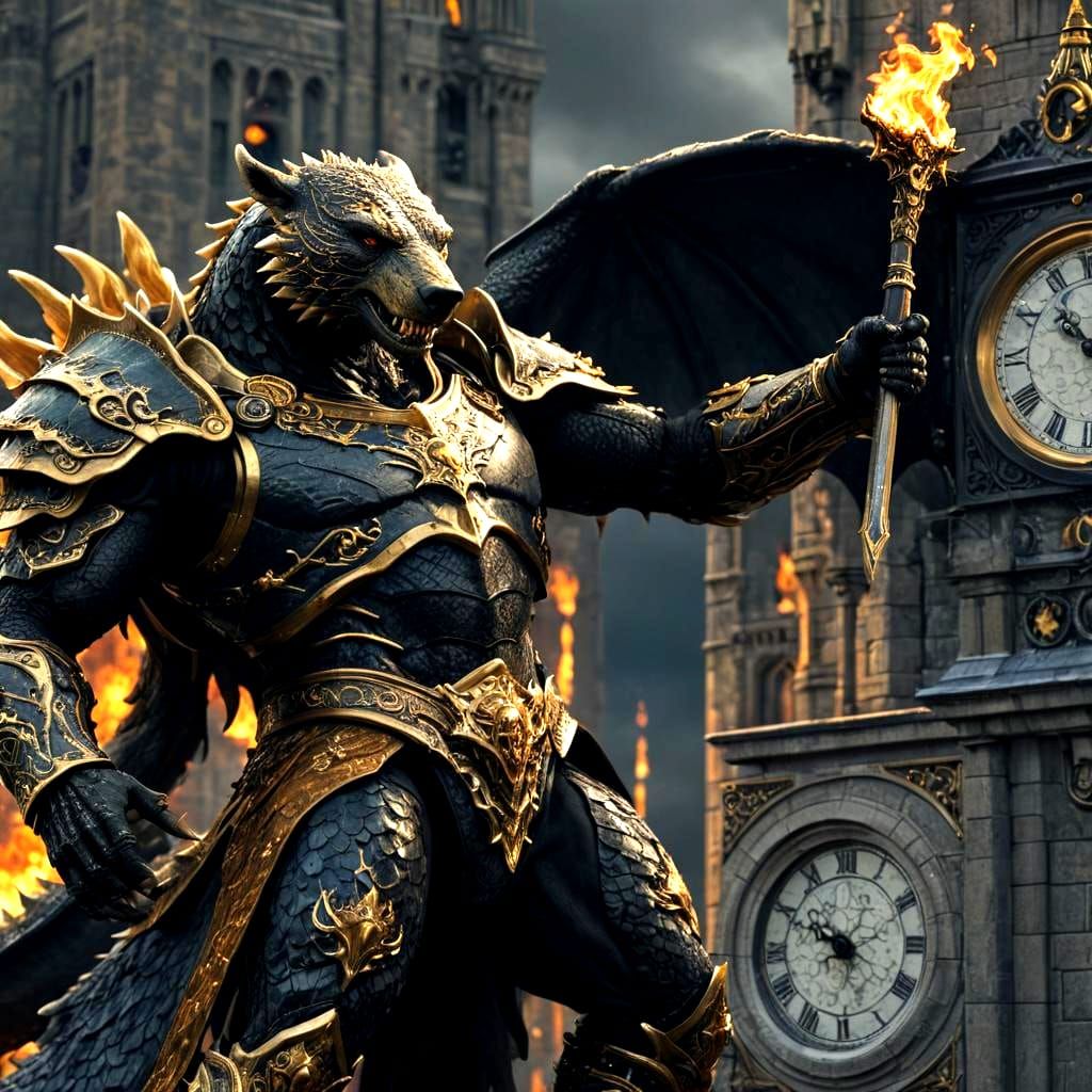 < amber Draconic humanoid with a polar bear head: 1.6>, long intricately detailed wings made of scales, wearing black an...