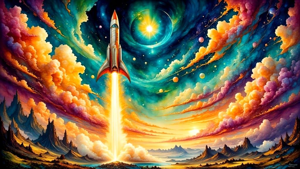Retro-Futuristic Rocket Launch in Alien Landscape, Vintage S...