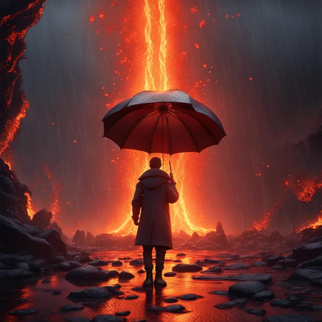 Person Stopping Lava Rain with Umbrella