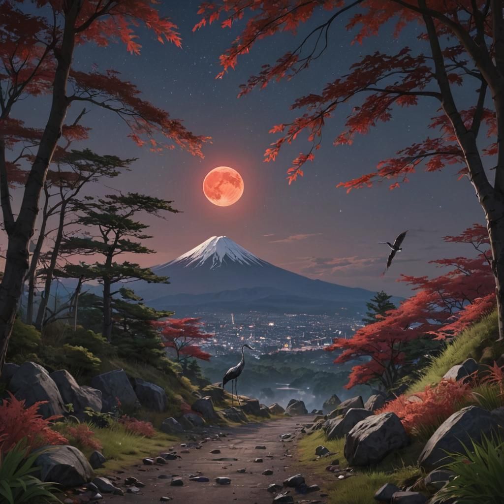 Crane and Mt. Fuji in Hyperrealistic Anime Art