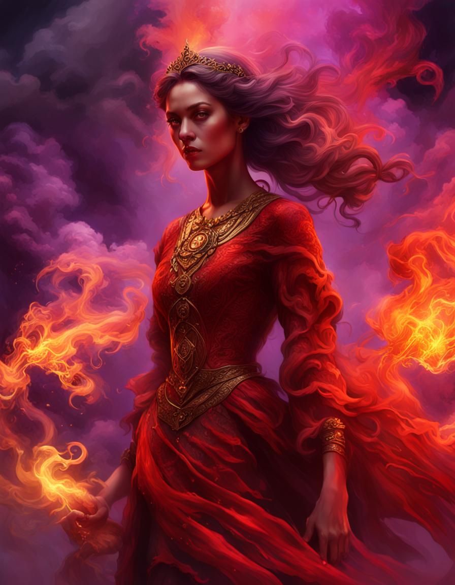 Woman in Red Smoke Dress: Dark Fantasy Art