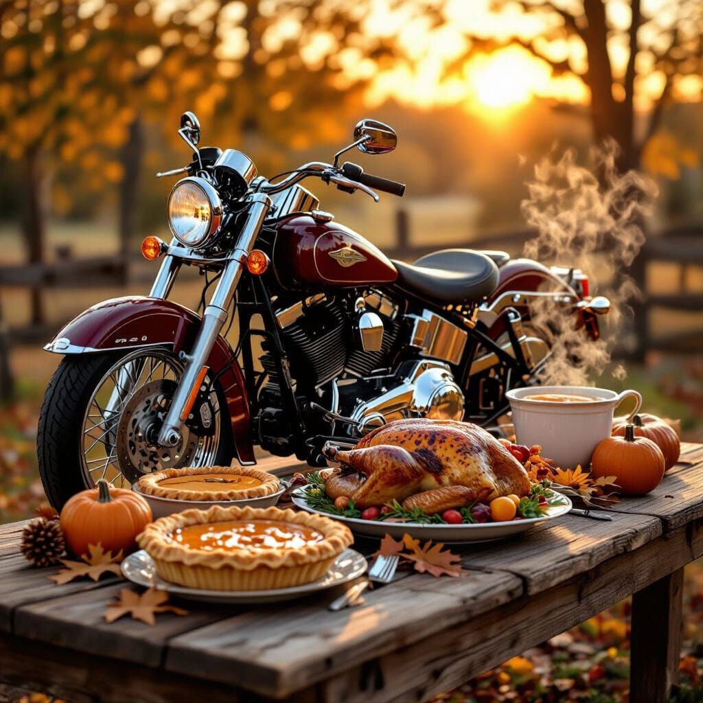 Vintage Motorcycle and Thanksgiving Feast in Golden Hour