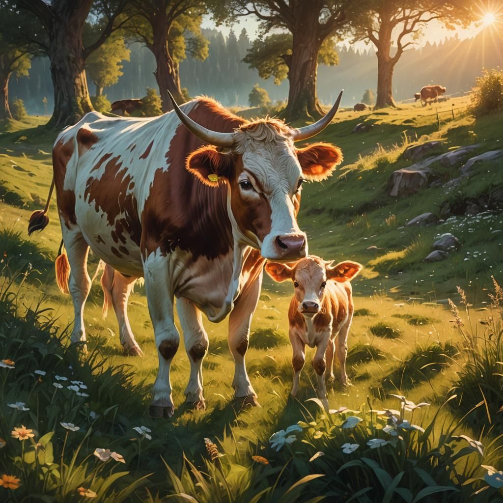Cow and Calf in Lush Meadow: Ethereal Fantasy Art