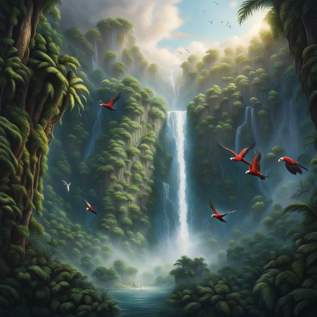 Lush Jungle Waterfall with Tropical Birds