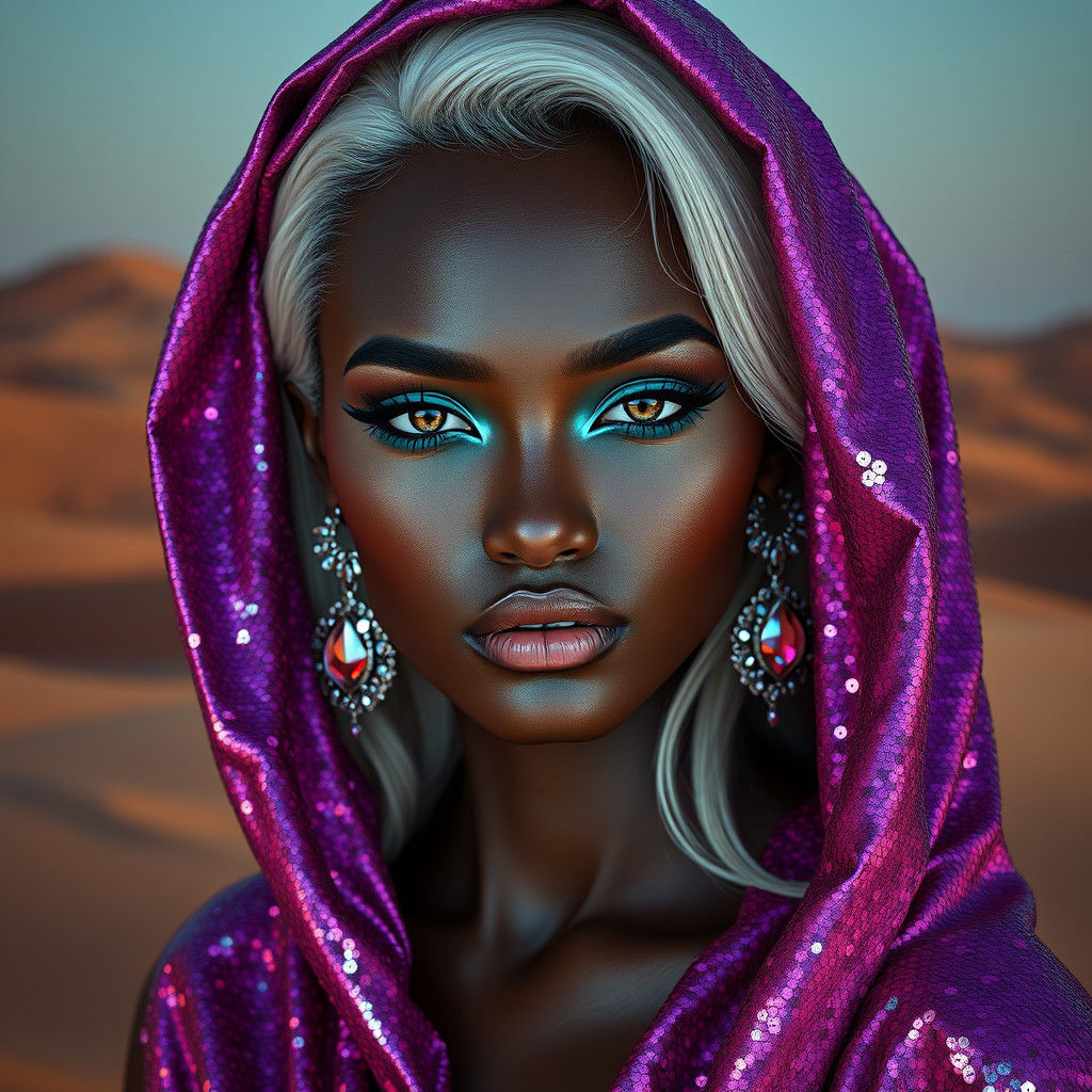 Glamorous Woman with Teal Eyeshadow in Desert Landscape
