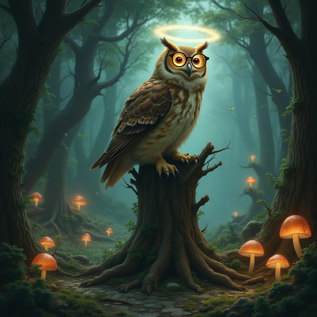 Owl in Mystical Forest with Glowing Mushrooms and Twisted Pa...