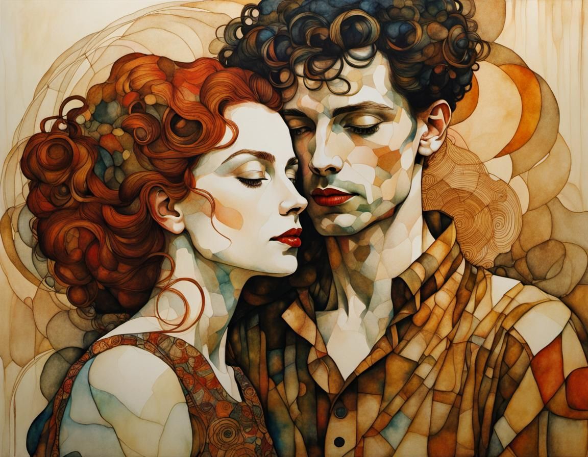 Passionate Couple: An Expressionist-Style Drawing