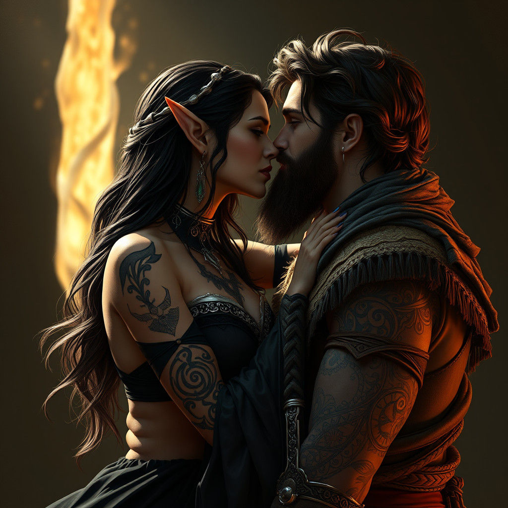 Dark Elf Kisses Man in Fantasy Scene