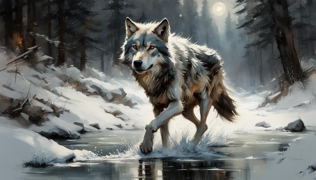 Gray Wolf Running Through Snowy Forest at Night