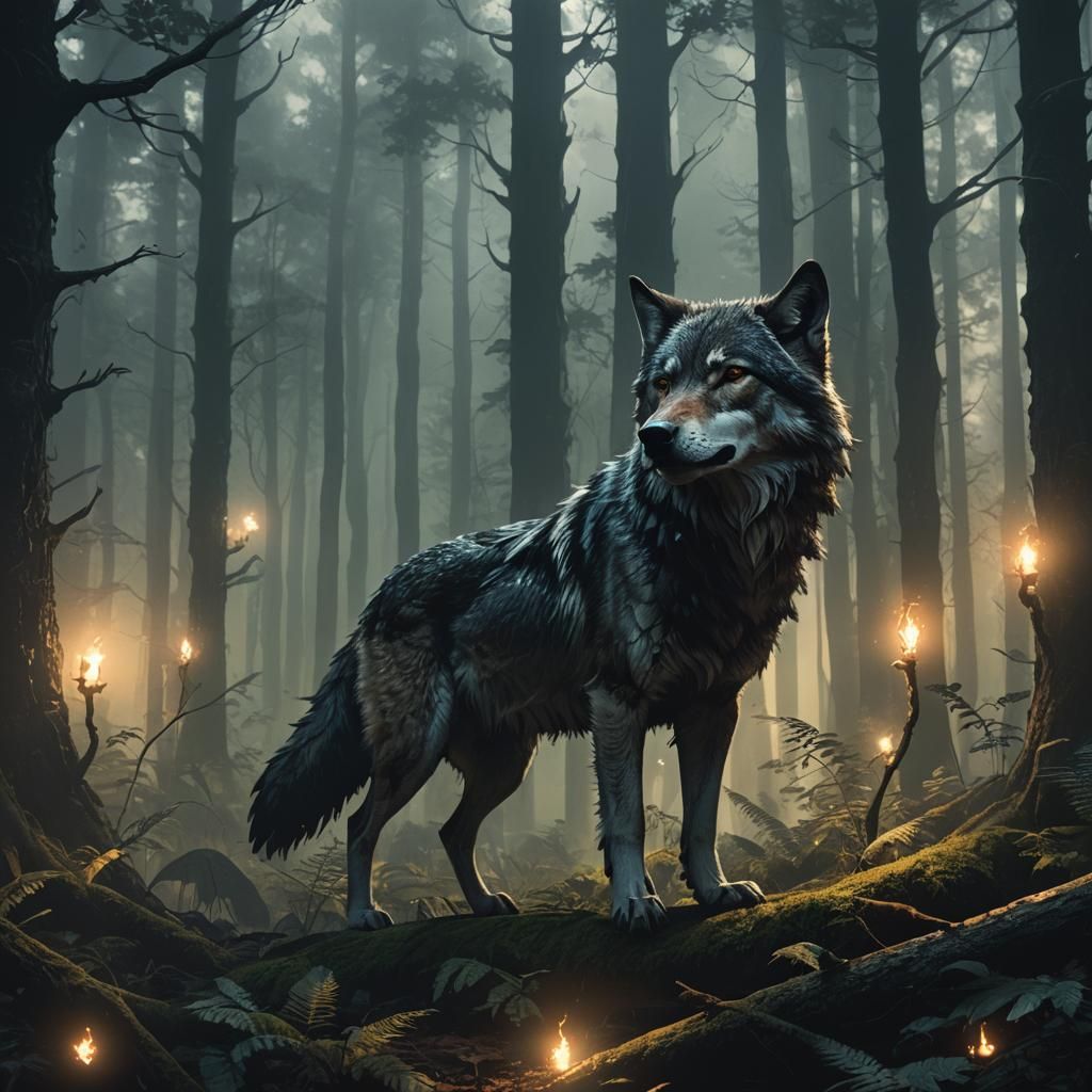 Wolf Between Light and Dark Forest, Fantasy Art