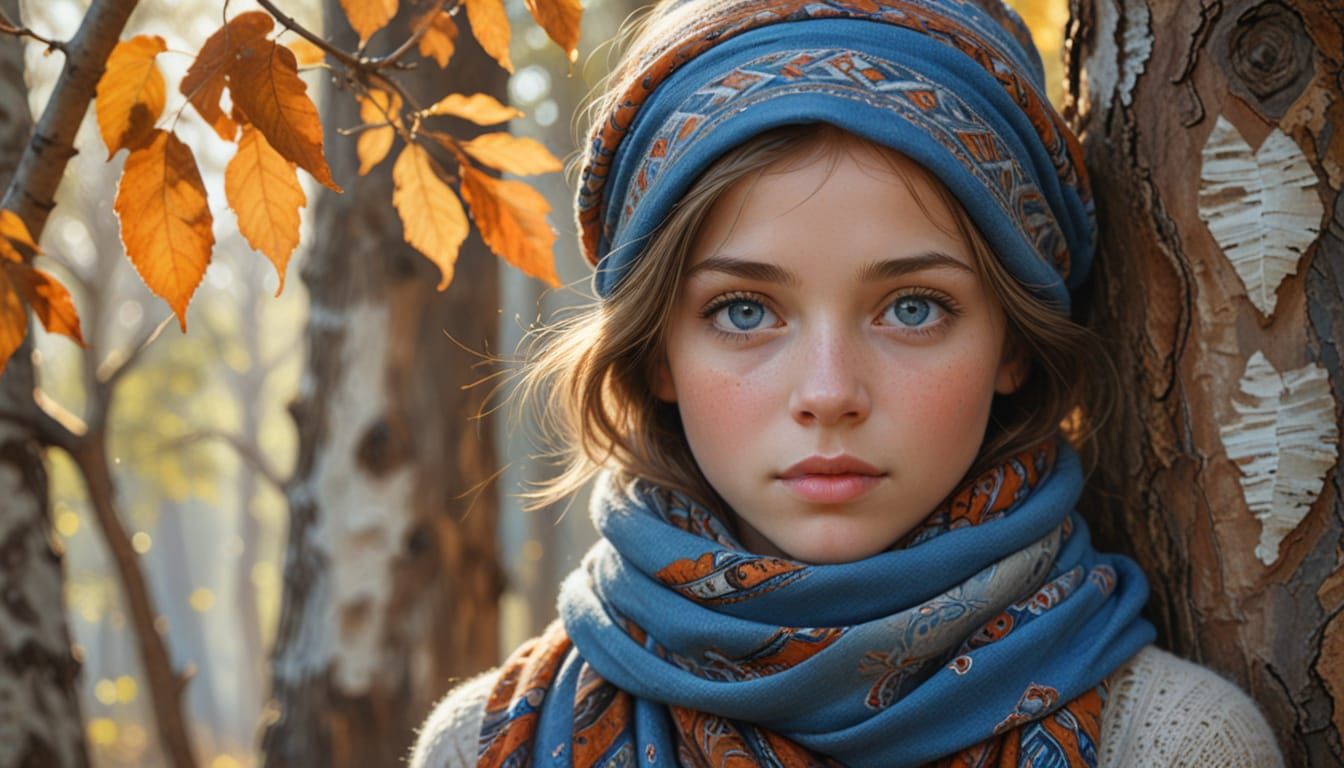 Child with Blue Eyes and Patterned Scarf