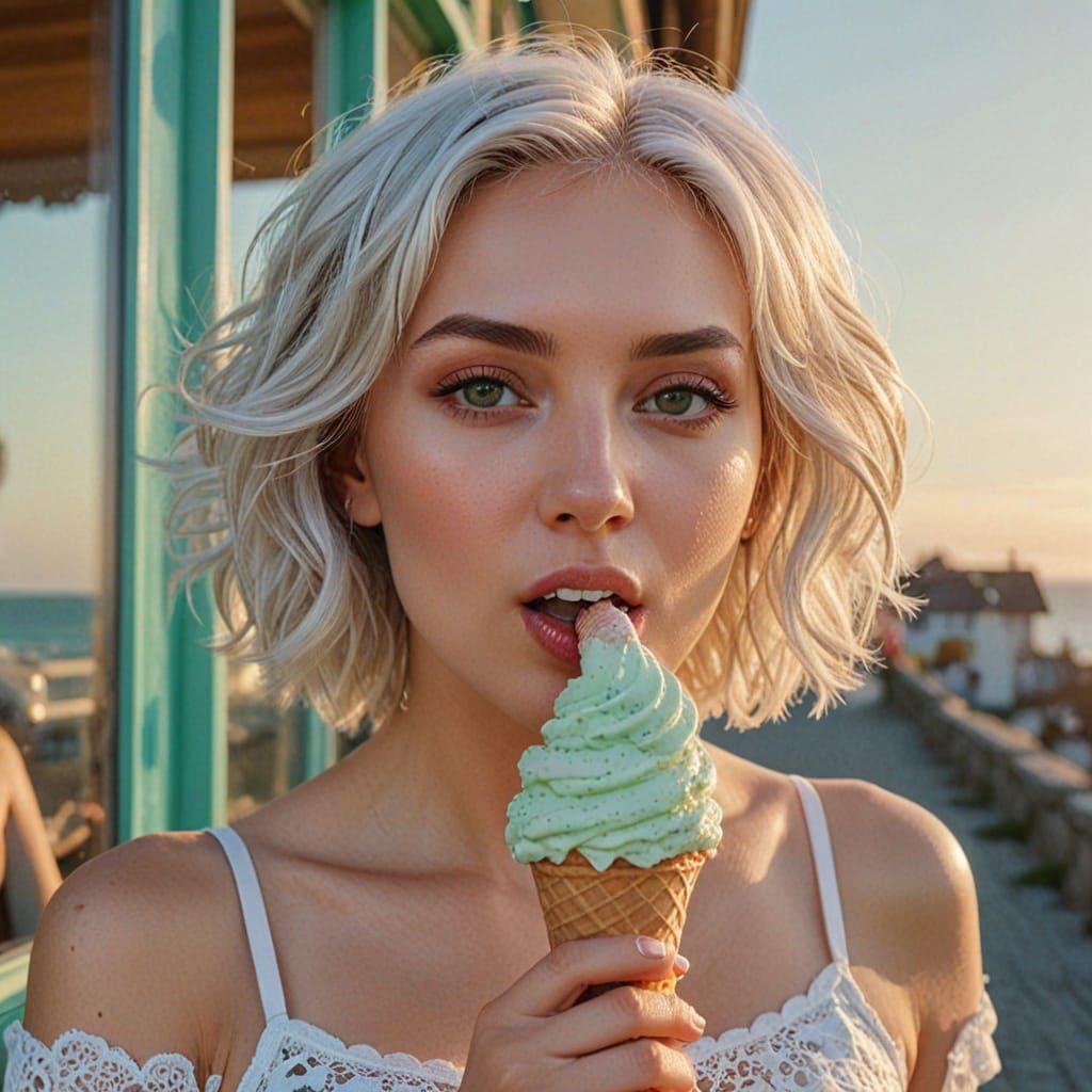 Woman Eating Ice Cream: Hyper-Realistic Digital Art