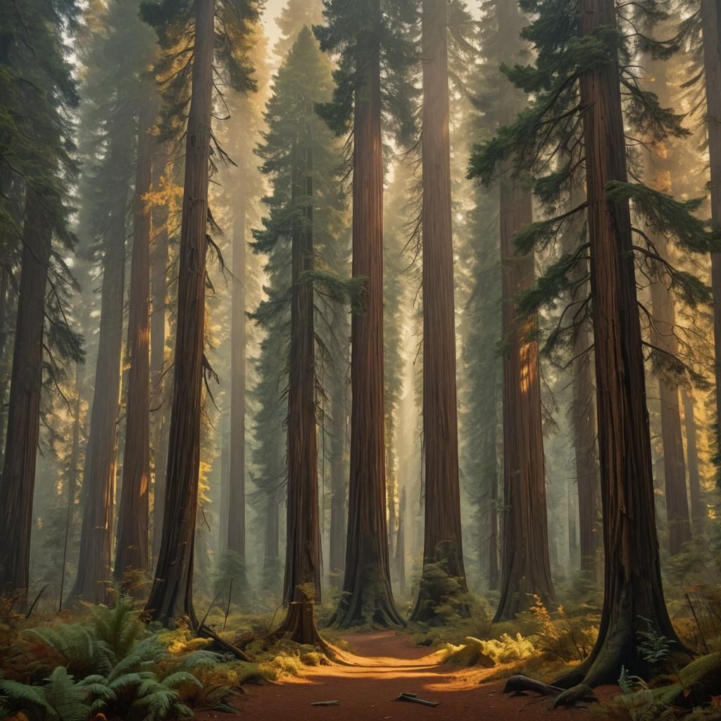 Majestic Redwood Forest Landscape in Golden Light