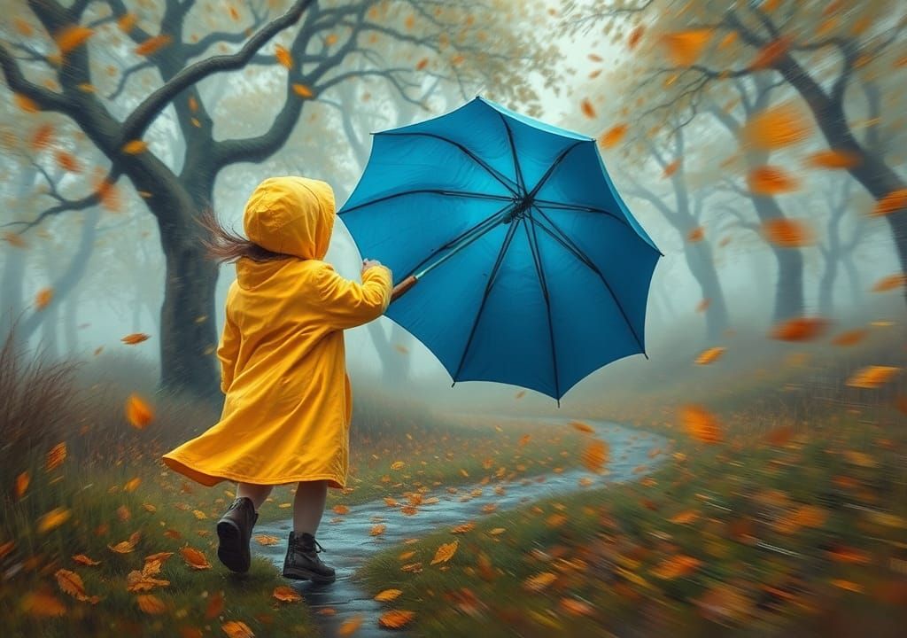 Girl in Storm with Kite as Impasto Painting