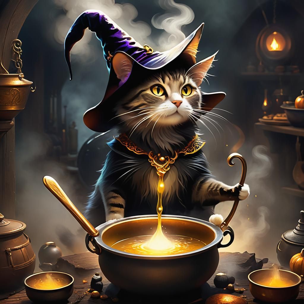 Cat Witch Stirring Cauldron: Fantasy Concept Art