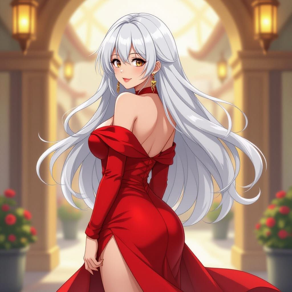 Anime Woman in Red Dress, Voluptuous Figure