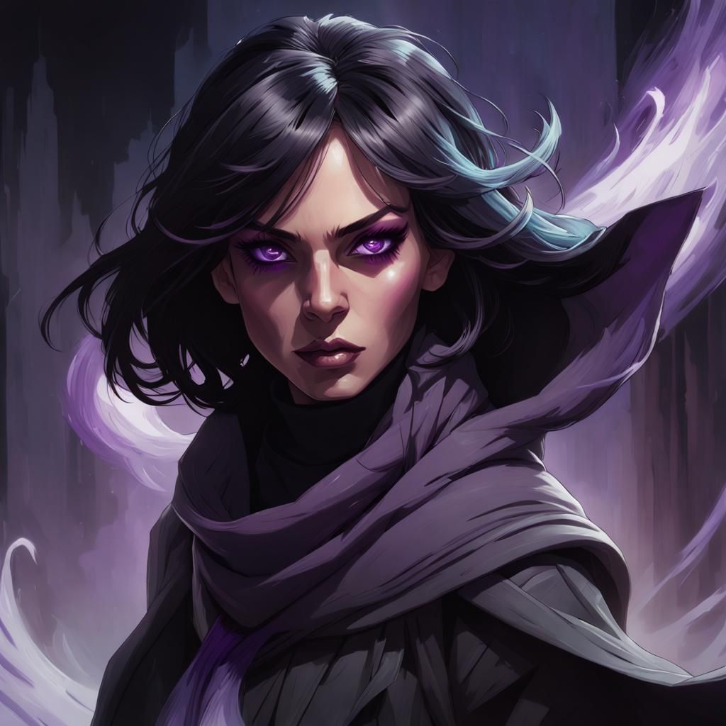 Shadowy Sorceress Portrait with Purple Magic