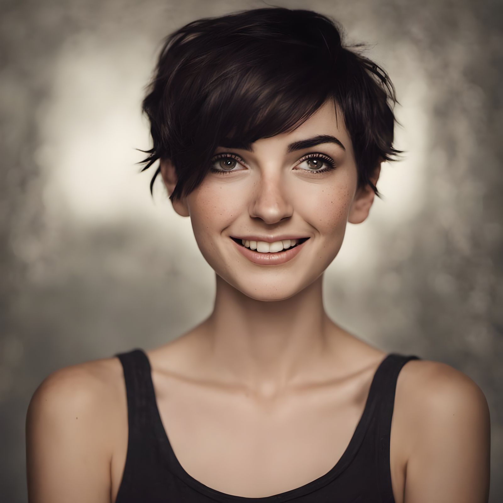 Professional Portrait of a Woman with Freckles and Pixie Cut