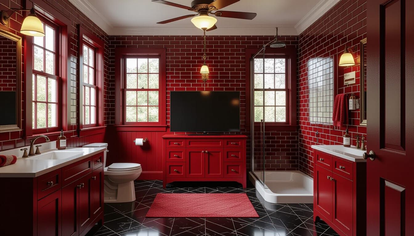 Victorian Bathroom with Dark Red Decor and Realistic Lightin...