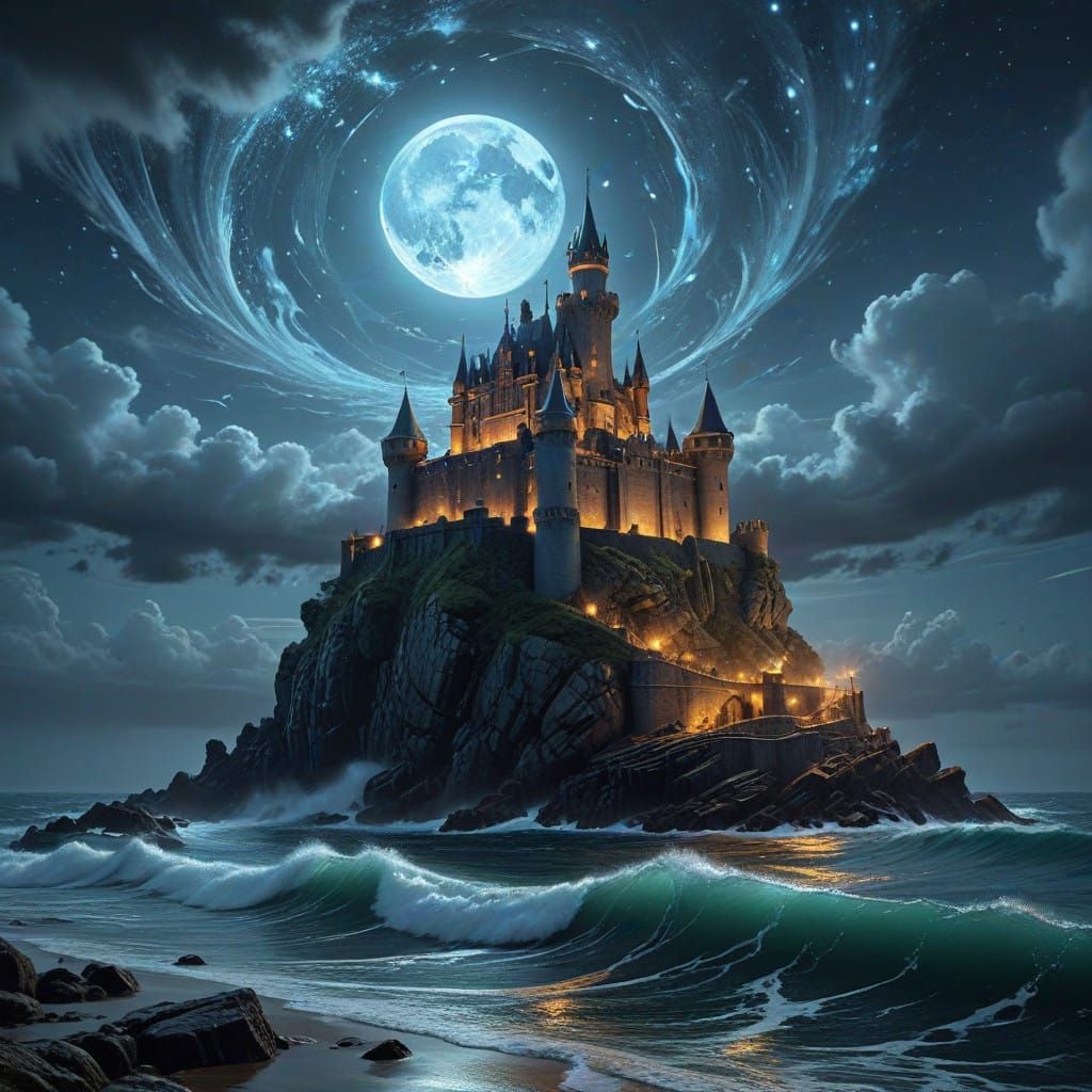 Moonlit Castle on a Stormy Seaside, in Fantasy Concept Art S...