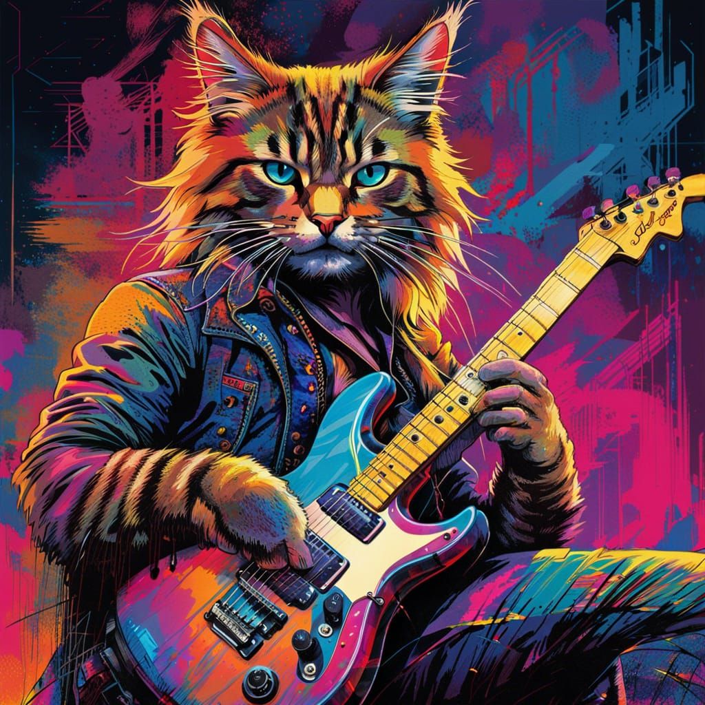 80s Rockstar Cat Plays Guitar at Concert