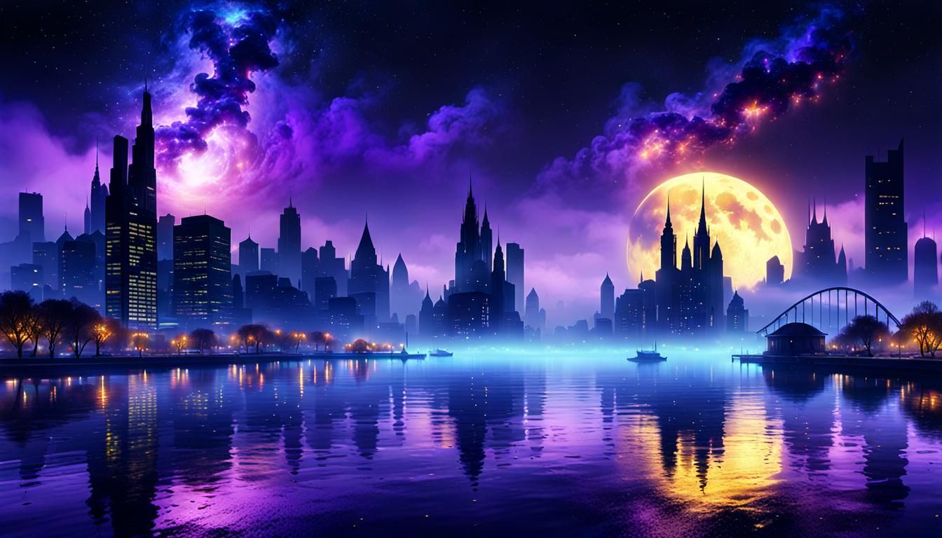 Galactic Cityscape Reflected in Foggy Night