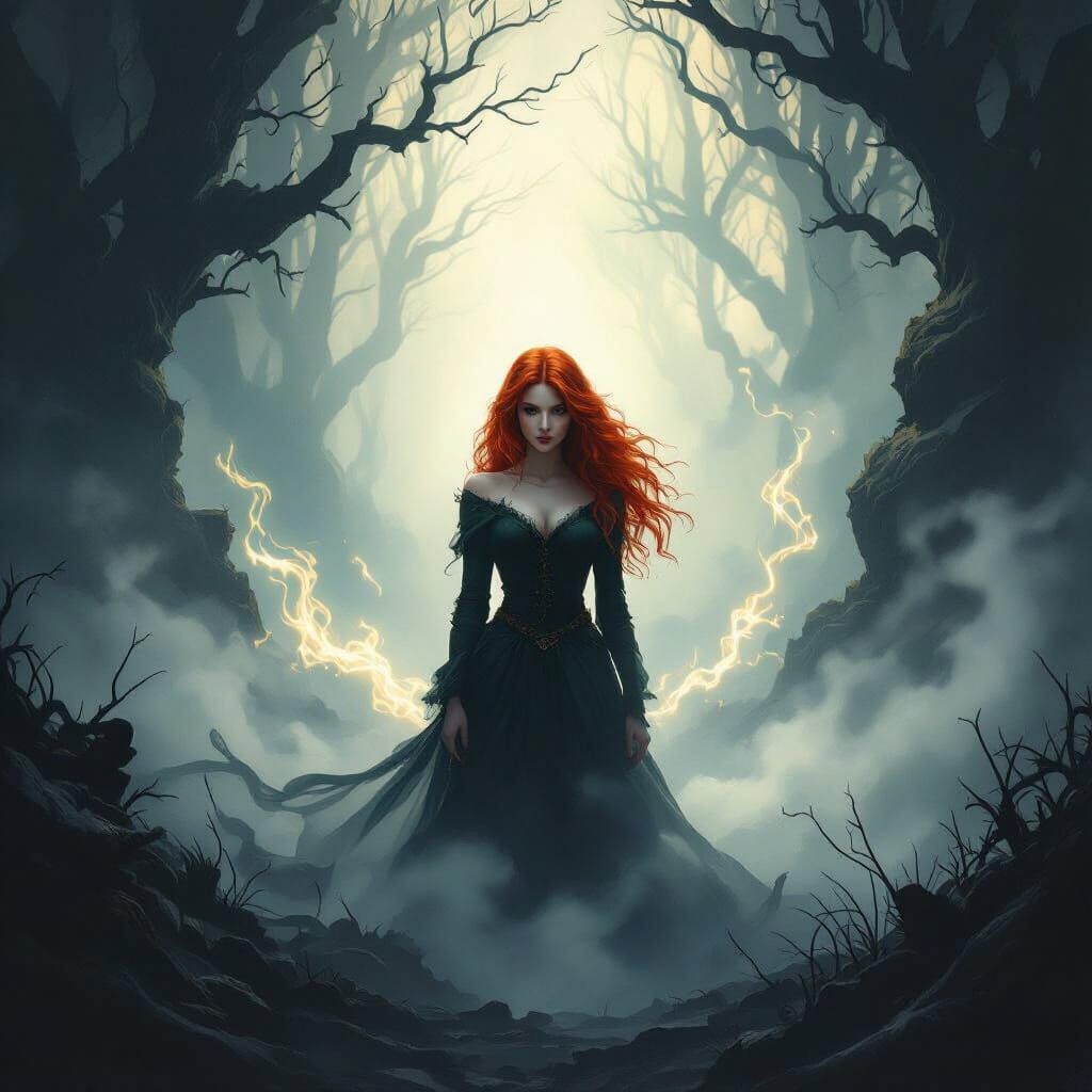 Red-Haired Woman in Gloomy Dark Fantasy Landscape
