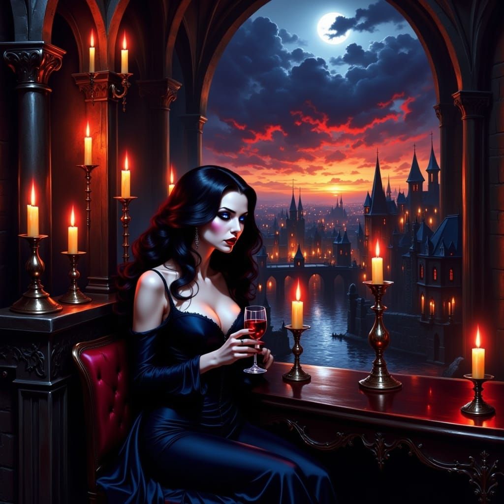 Vampire Woman in Bar, Oil Painting Style
