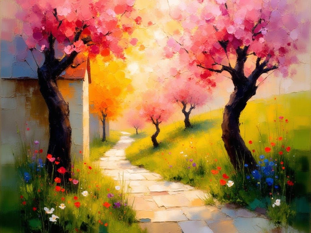 Idyllic Cherry Tree Avenue at Dusk