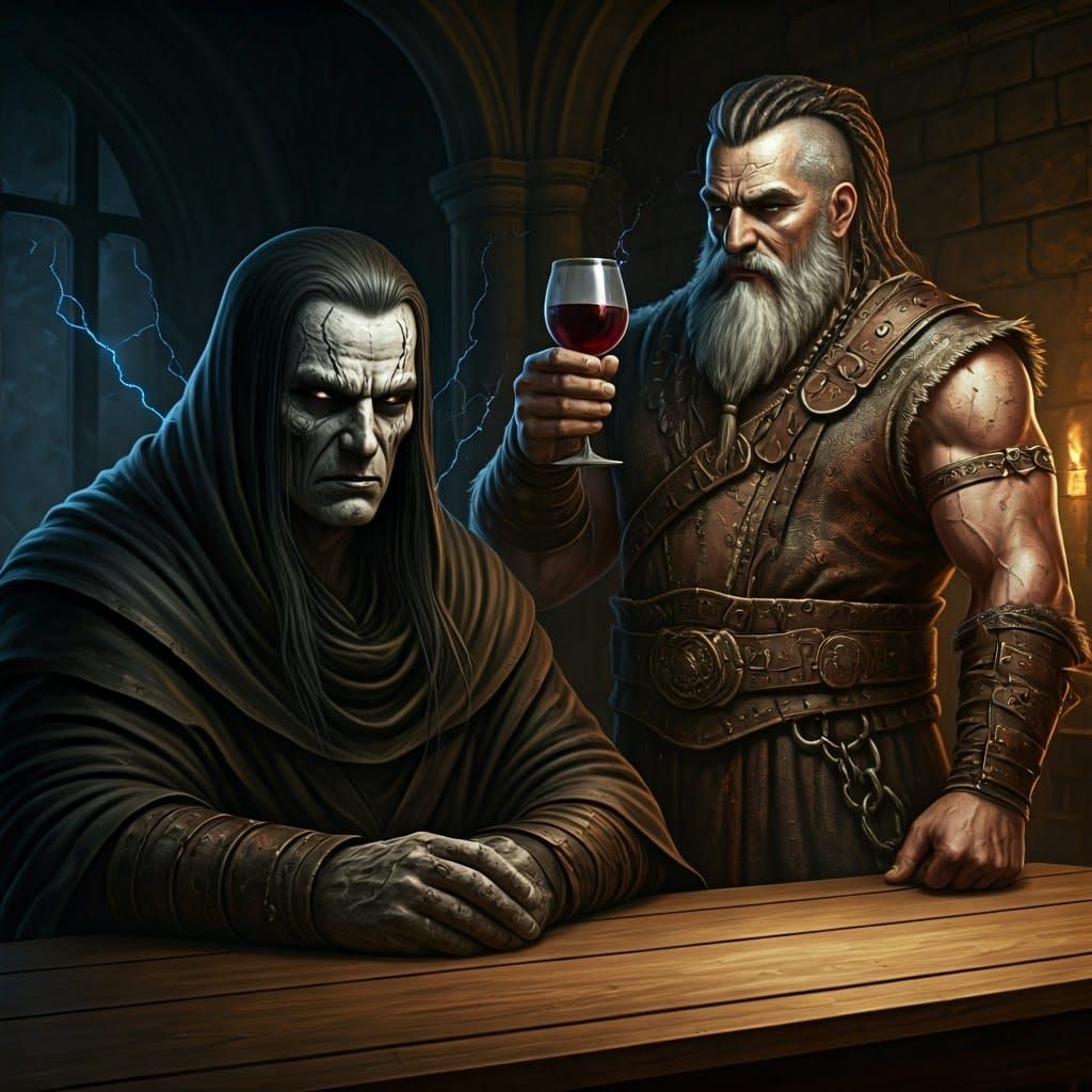 Dark Sorcerer in Black Cloak with Lightning Hair, Beside Bat...