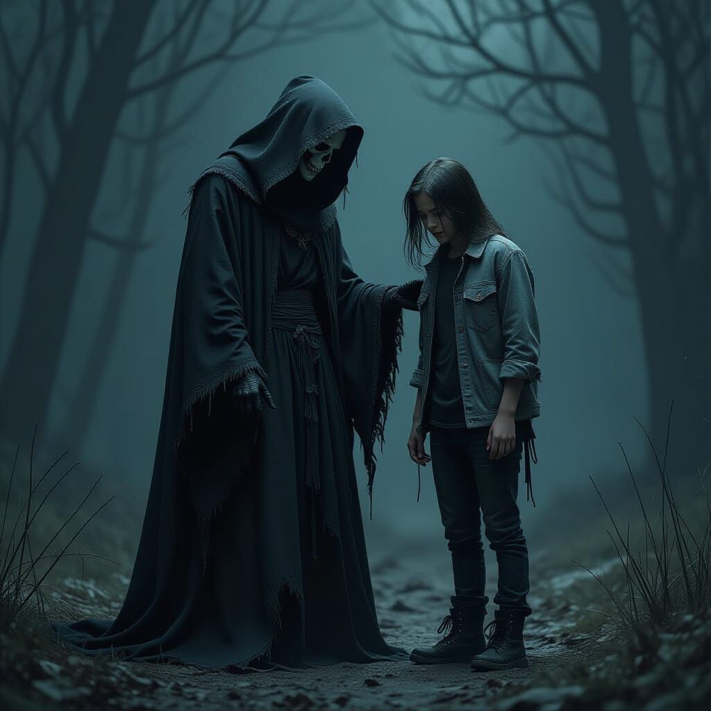 Grim Reaper and Frantic Friend in Dark Fantasy Style