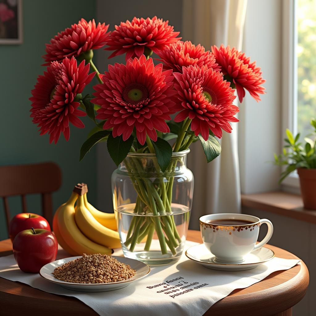 Hyperrealistic Chrysanthemums Still Life with Coffee and Fru...
